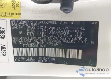 2011 Toyota Sienna Xle V6 из США, поврежденный, VIN 5TDYK3DCXBS144318